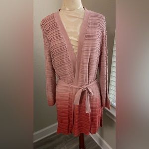 Chico’s 2 Sz L Ambre Coral Pink Ribbed Open Front Long Line Sweater Cardigan